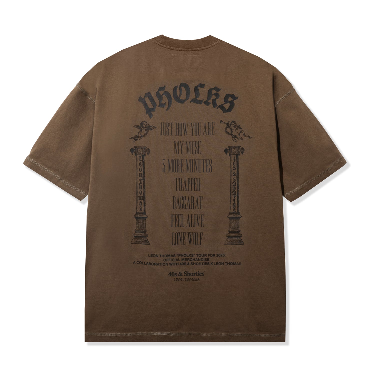 Back view of PHOLKS Tee in washed brown featuring tour-inspired screen-printed artwork