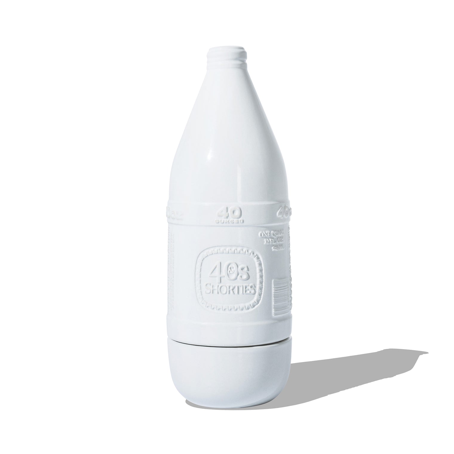 Front view of 40s & Shorties white ceramic 40oz incense chamber bottle