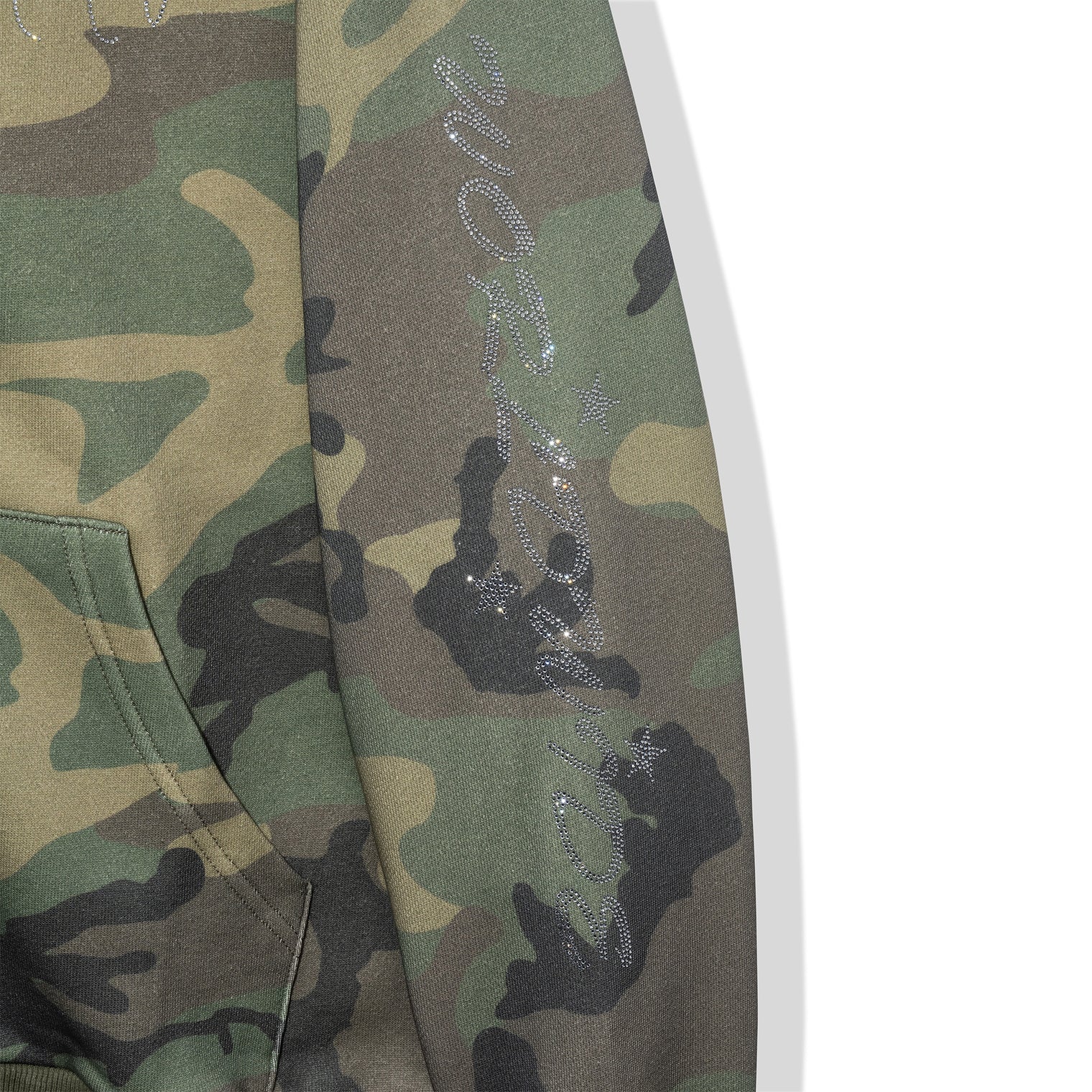 Detail of Angel Wings Hoodie – rhinestone embellishment on camo sleeve