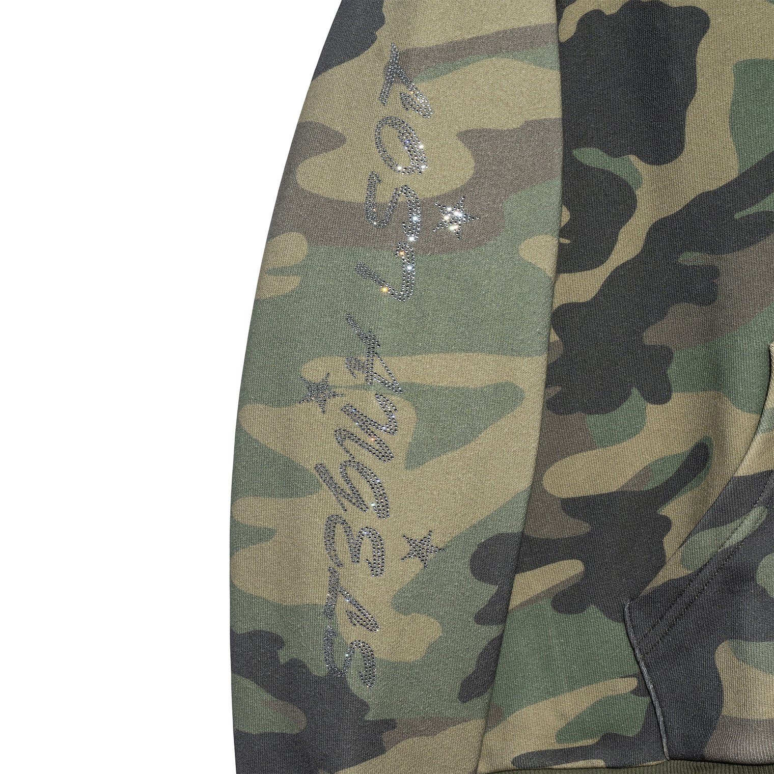 Detail of Angel Wings Hoodie – rhinestone embellishment on camo sleeve