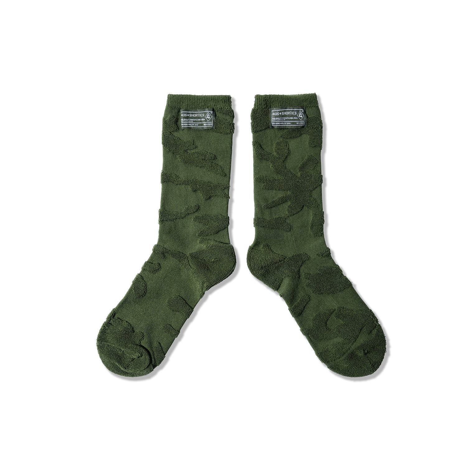 40s & Shorties Shag Socks Olive – reverse-knit camo crew socks front view