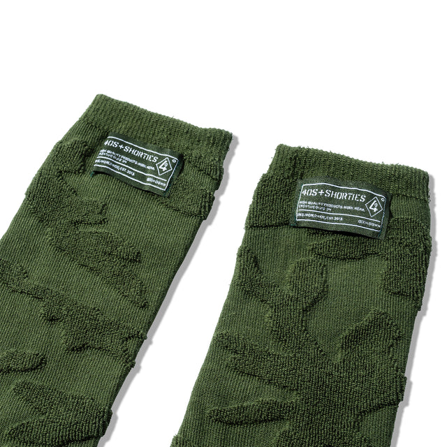 Close-up of 40s & Shorties Shag Socks Olive – textured knit with woven logo patch