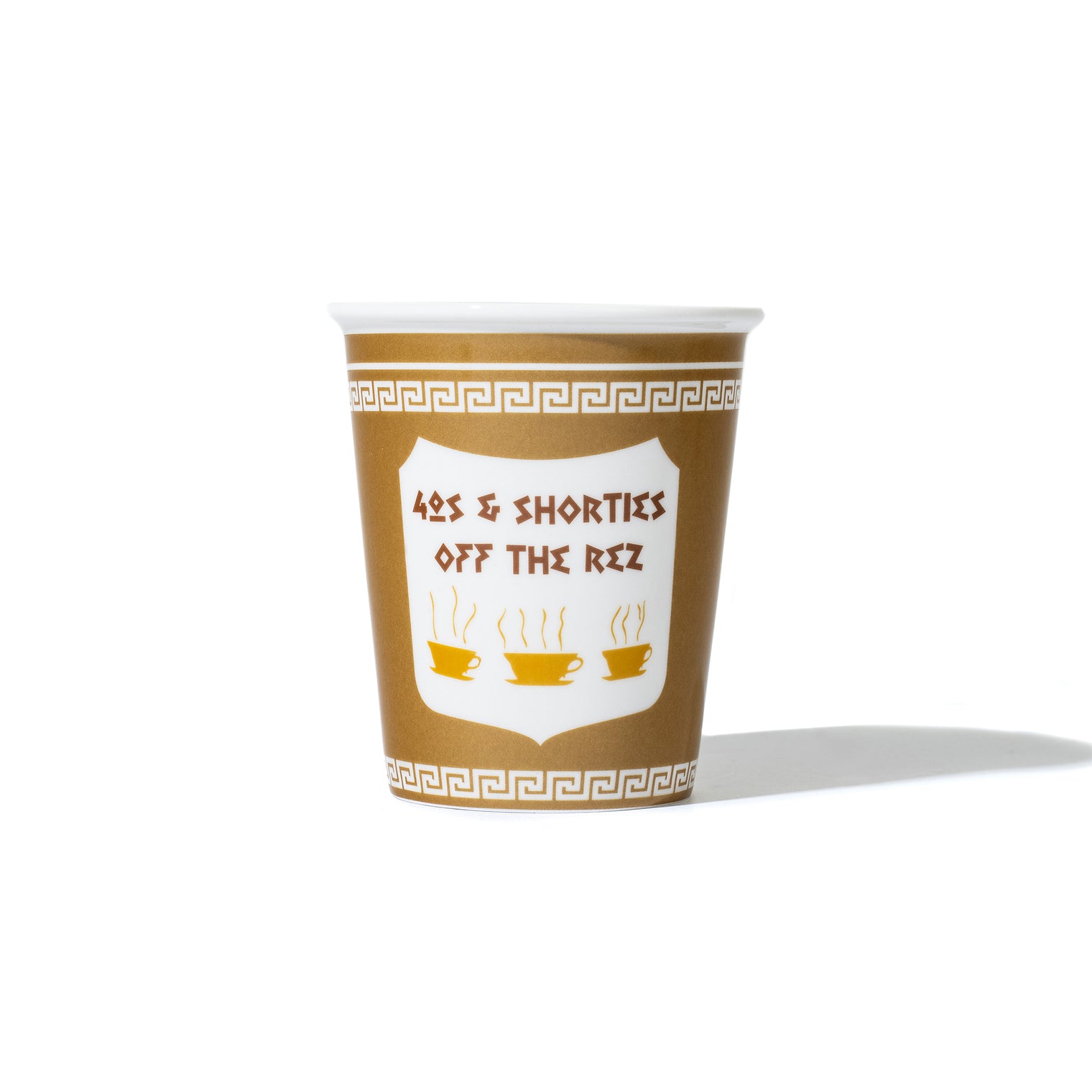 Ceramic Coffee Cup with “40s & Shorties Off The Rez” graphic and Greek border design
