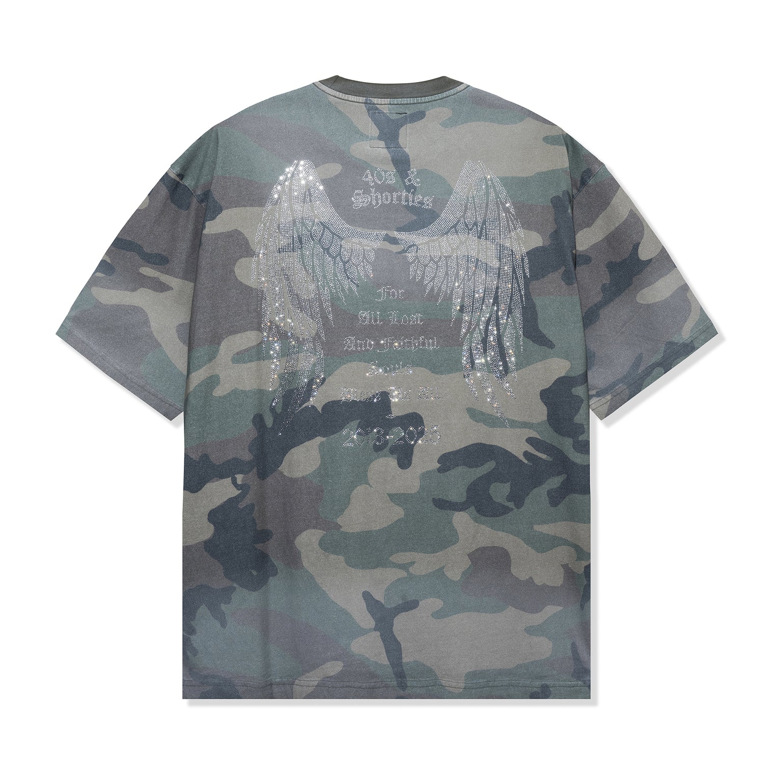Back view of Angel Wings Tee in Camo with rhinestone angel wings and tribute text