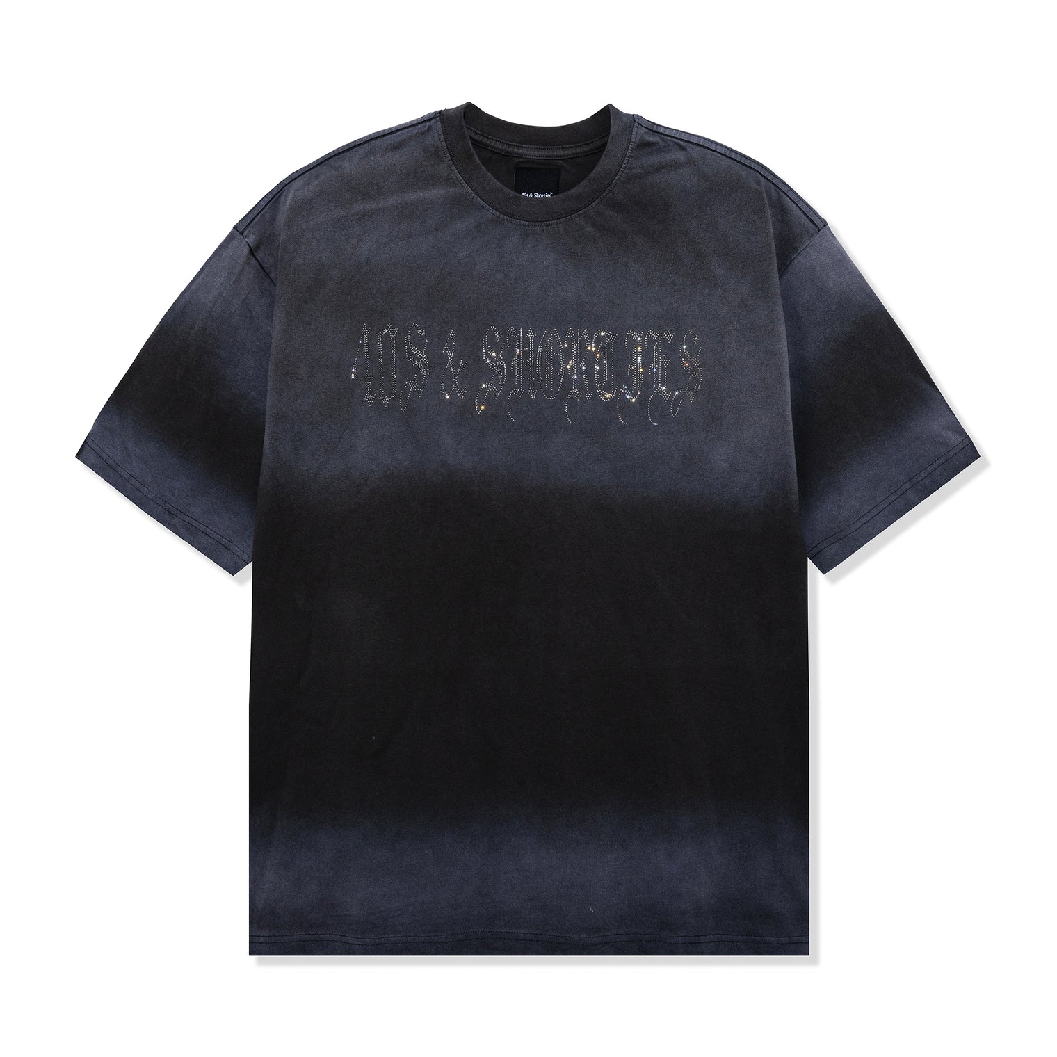 Front view of Angel Wings Tee in Charcoal with rhinestone script logo on chest