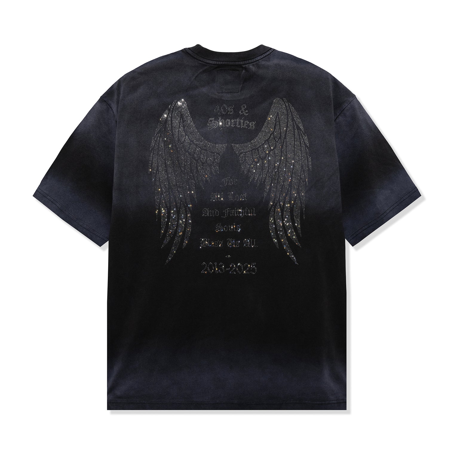 Back view of Angel Wings Tee in Charcoal with rhinestone angel wings and tribute text