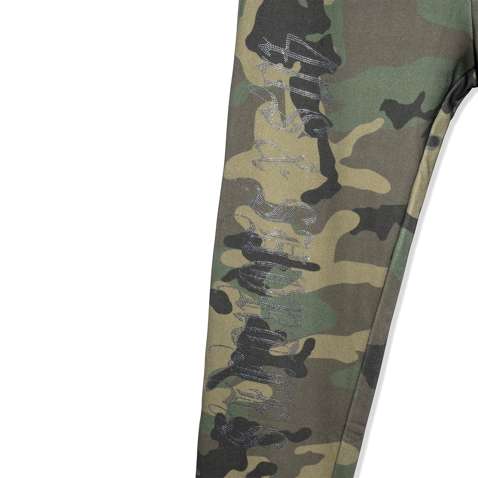 Close-up of 40s & Shorties Rhinestone Sweatpants – camo fleece with rhinestone leg logo