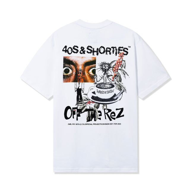 Back view of Wake & Brew Tee in White – full art print with eyeballs, “Wake & Brew” cup, and Off The Rez text.