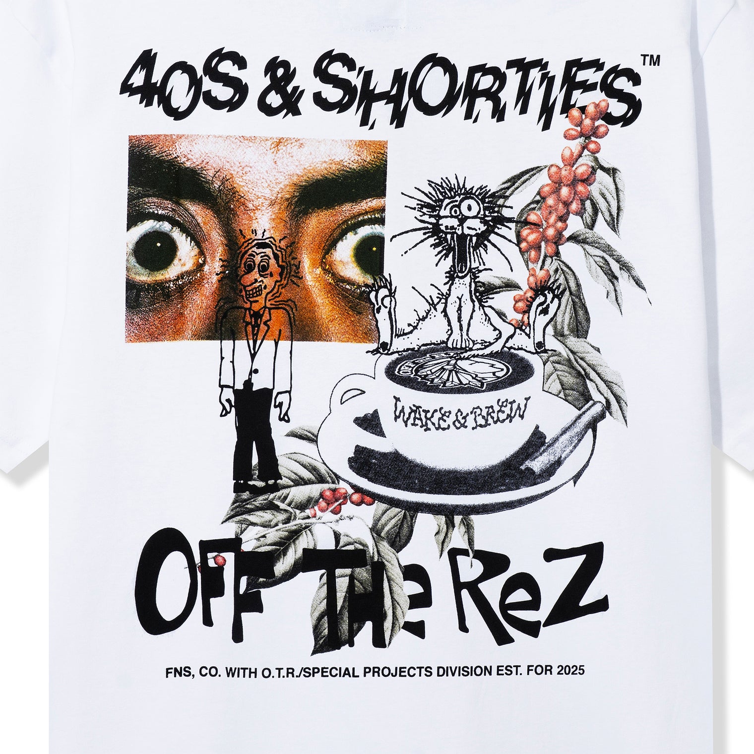 Close-up of Wake & Brew Tee back graphic – detailed surreal collage of eyes, coffee plants, and cartoon figure.