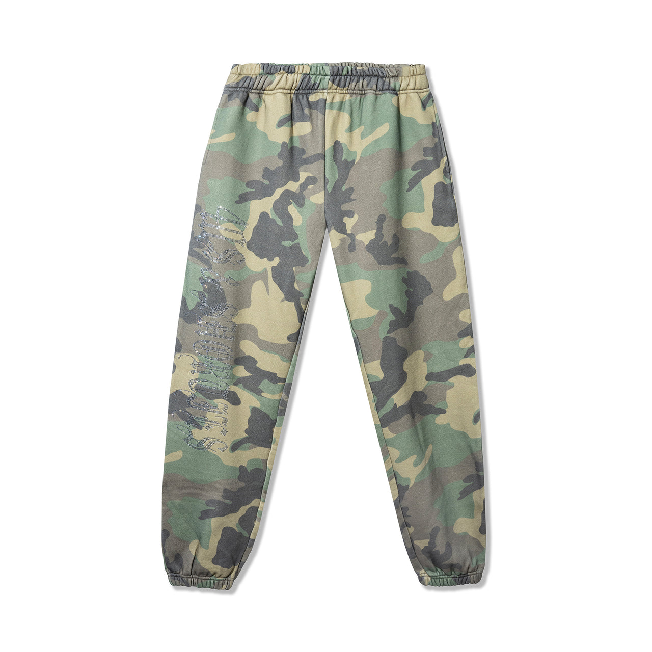 40s & Shorties Rhinestone Sweatpants Camo – fleece pants with rhinestone logo detail front view