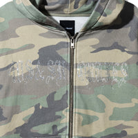 Close-up of Angel Wings Hoodie – rhinestone 40s & Shorties logo on camo fleece