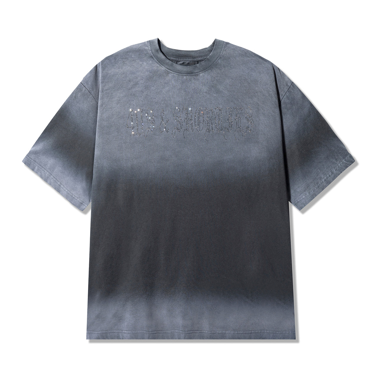 Front view of Angel Wings Tee in Charcoal with rhinestone script logo on chest