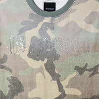 Close-up of rhinestone 40s & Shorties logo on chest of Angel Wings Tee in Camo