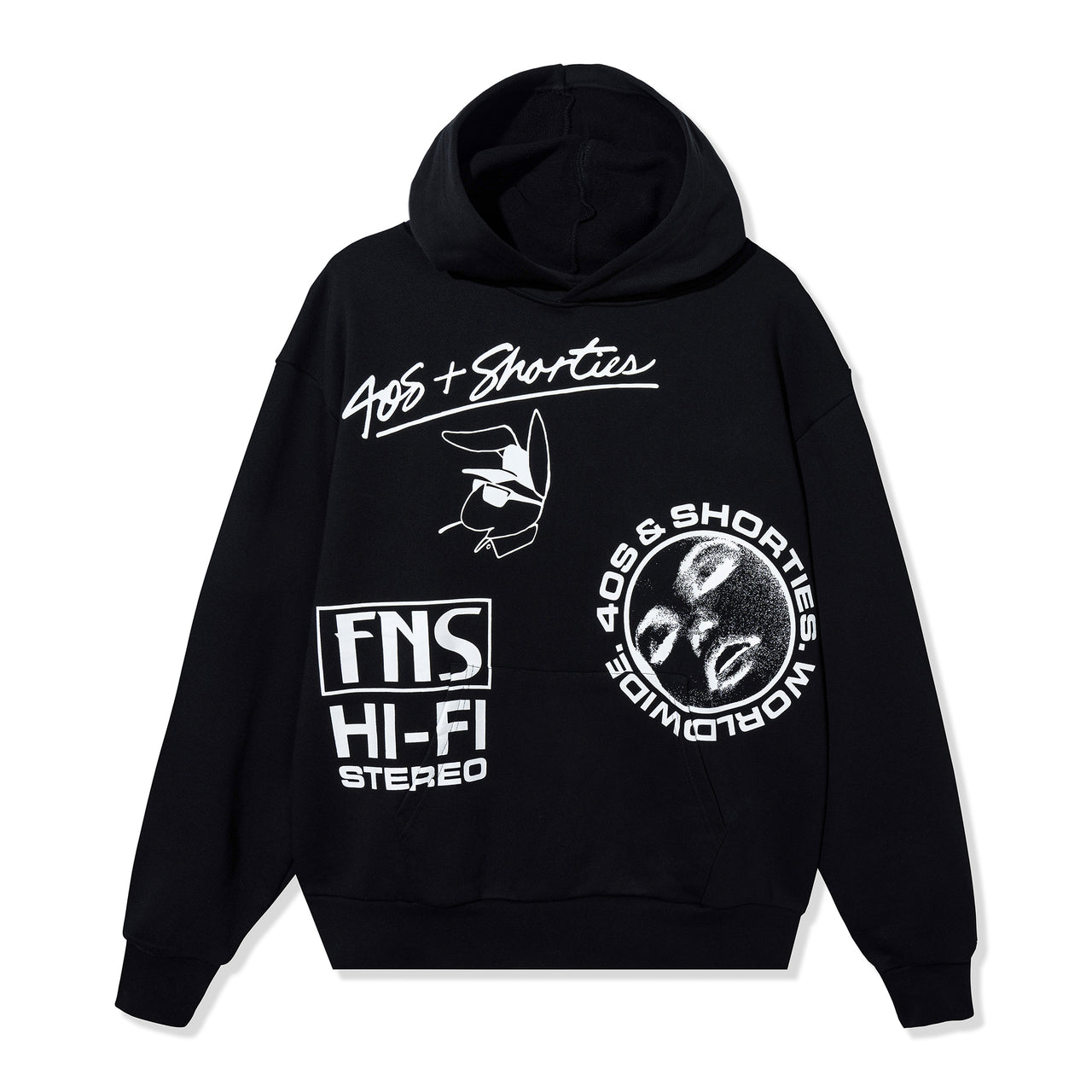 Flat lay front view of Layout Hoodie in black with bold white printed graphics including 40s & Shorties branding and Hi-Fi Stereo artwork.