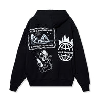 Flat lay back view of Layout Hoodie in black showcasing large graphic prints including a reclining woman, globe flame logo, and cartoon cat.