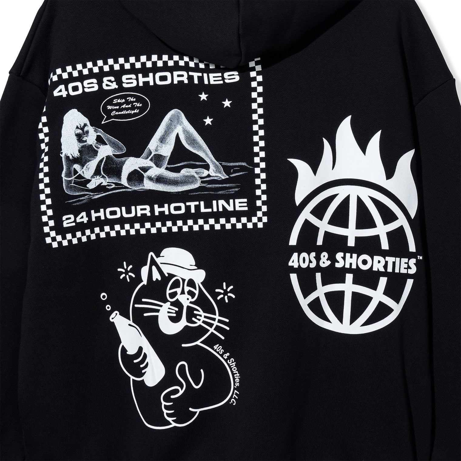 Close-up of back print artwork on black hoodie with hotline ad, fire globe logo, and cat holding a bottle.