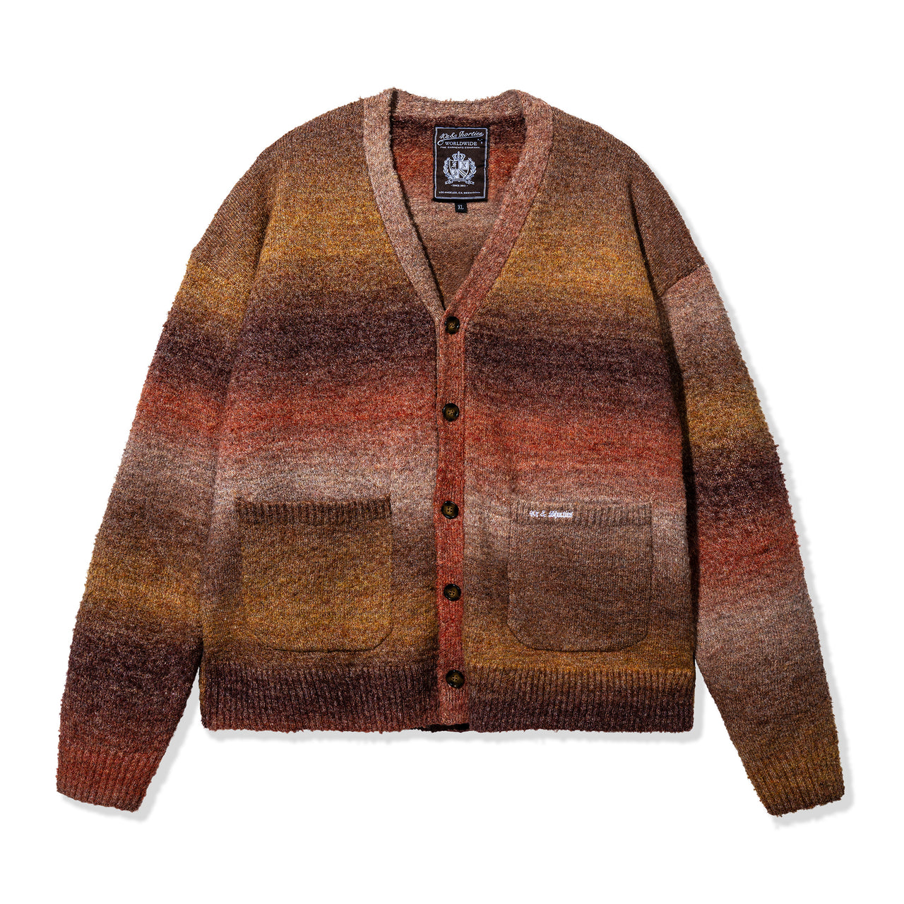Front view of the Lithium Cardigan in brown with a warm gradient and button closure