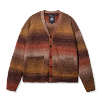 Front view of the Lithium Cardigan in brown with a warm gradient and button closure