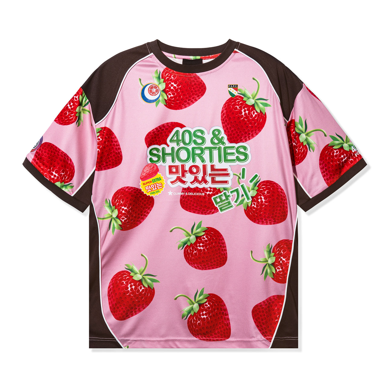 Front view of the Gummy Soccer Jersey in Pink with all-over strawberry print and 40s & Shorties logo