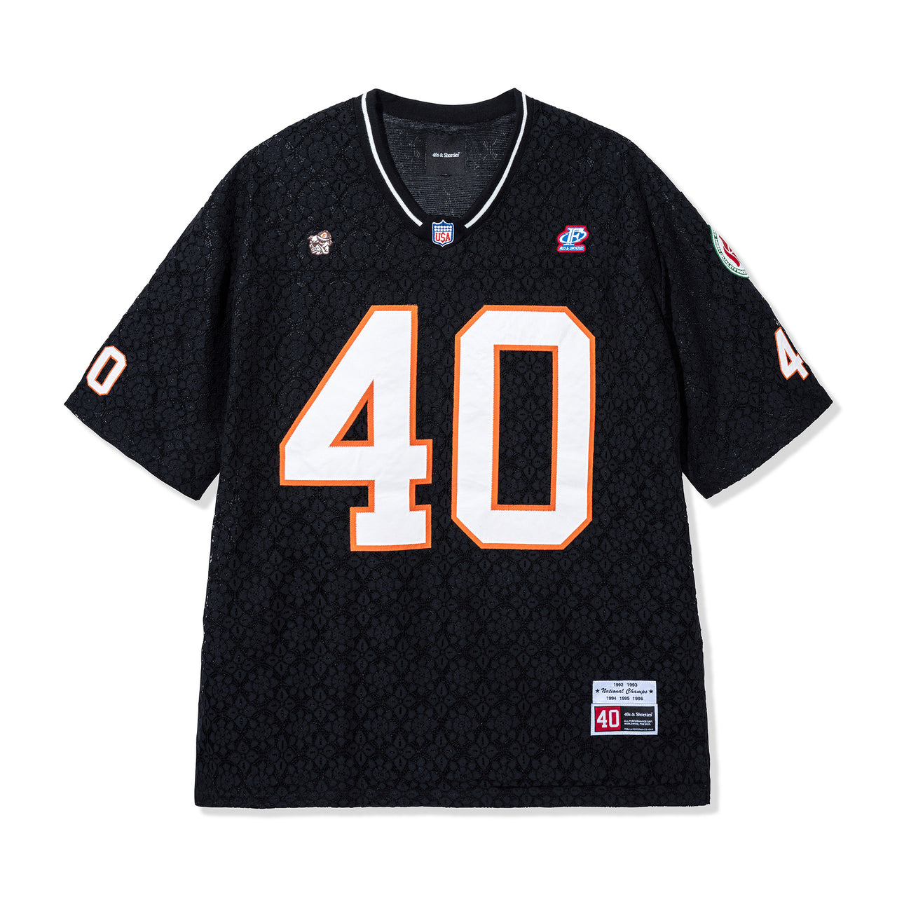 Front view of the Crochet Football Jersey in Black with tackle-twill “40”