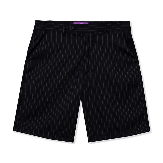 Front view of black pinstripe shorts by 40s & Shorties featuring side pockets and a tailored fit