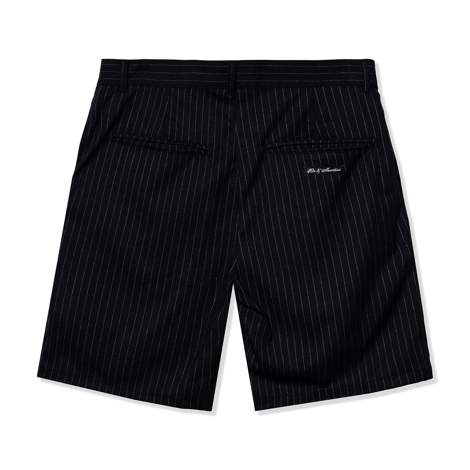 Back view of black pinstripe shorts with welt pockets and 40s & Shorties woven label above the pocket