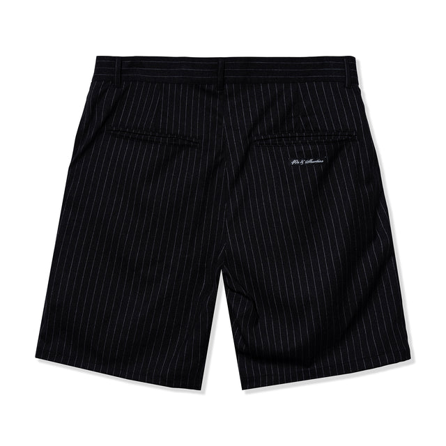 Back view of black pinstripe shorts with welt pockets and 40s & Shorties woven label above the pocket
