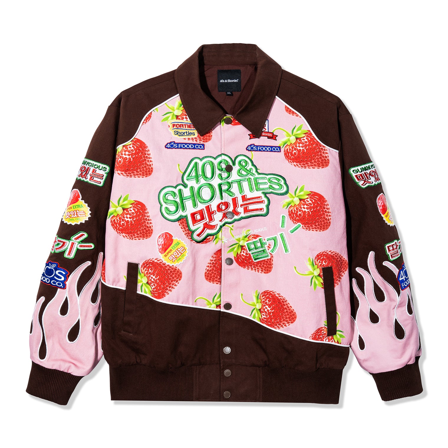 Front view of the Gummy Race Jacket in pink with all-over strawberry print and 40s & Shorties embroidery