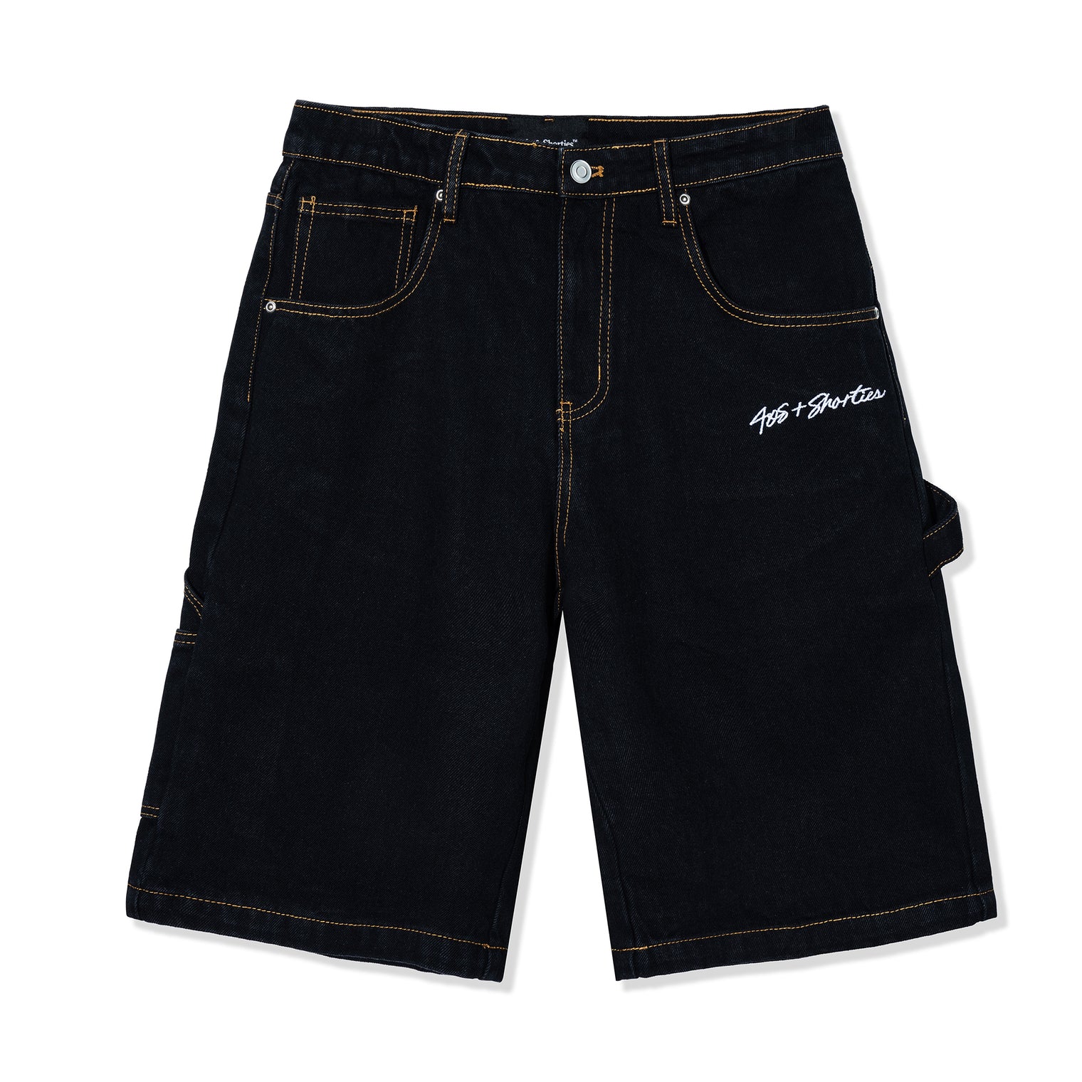 Front view of Standard Carpenter Shorts in black raw denim with gold stitching and 40s & Shorties embroidery on pocket