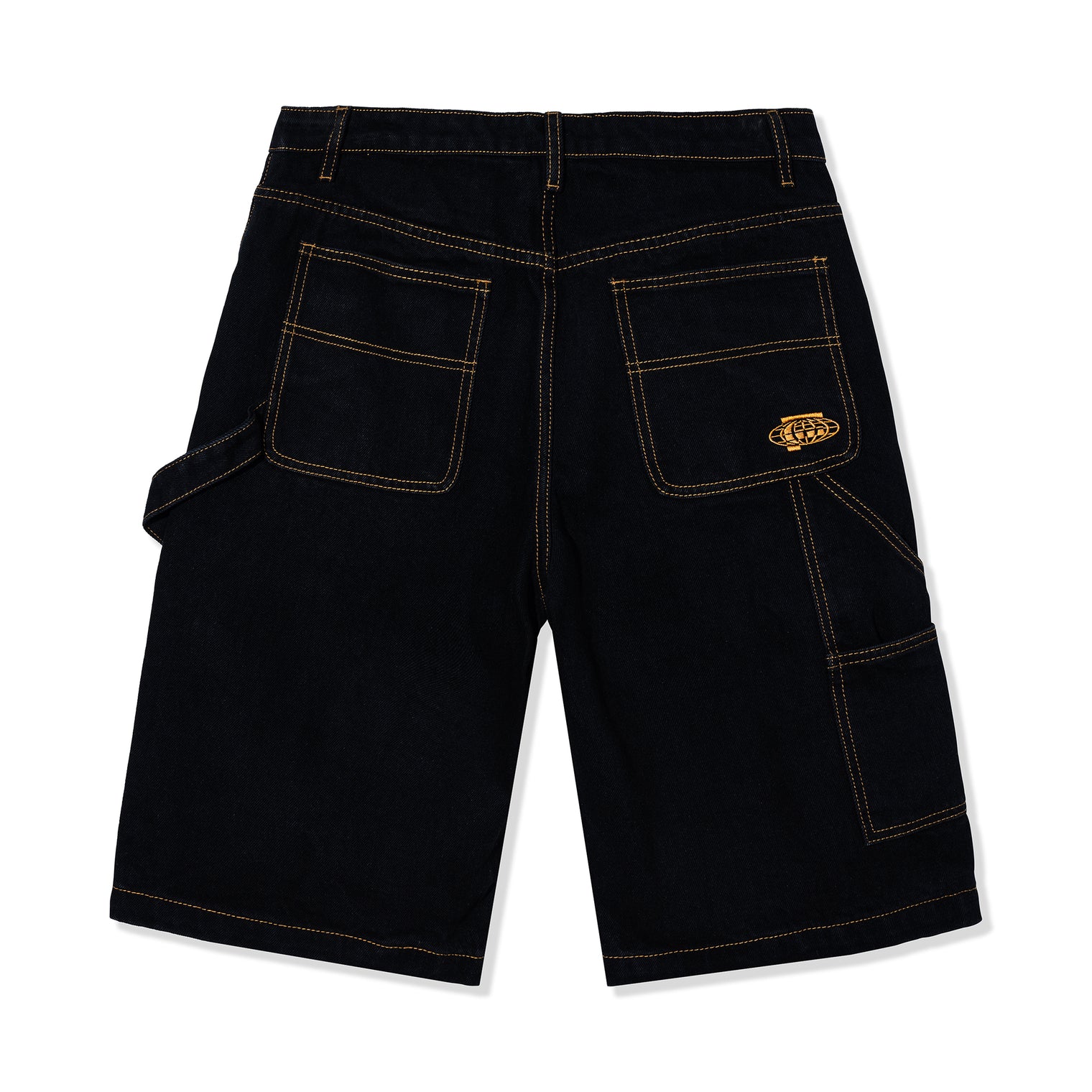 Back view of Standard Carpenter Shorts showing rear pockets, hammer loop, and gold embroidered globe logo
