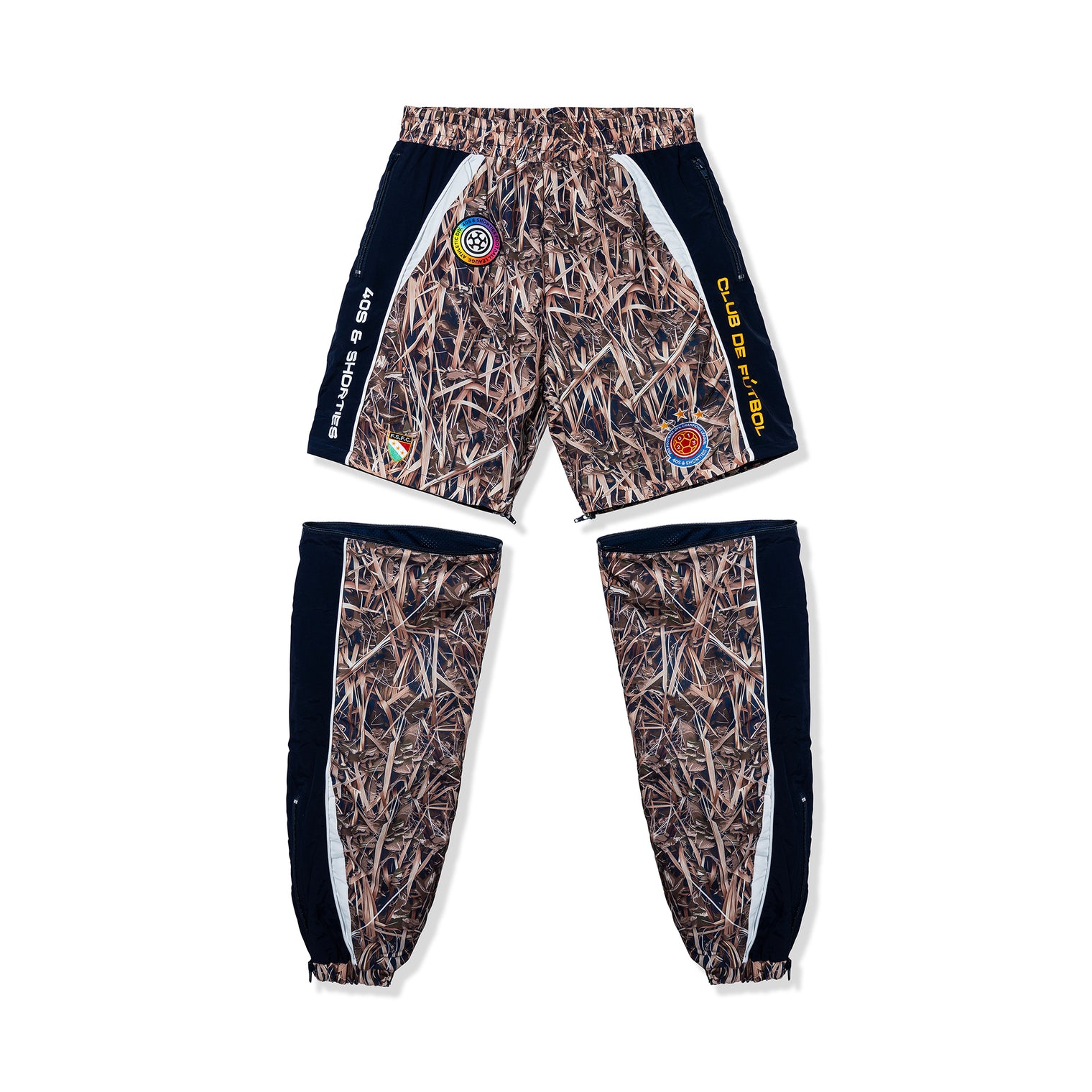 Reed Camo Track Pants shown with legs zipped off to reveal short conversion