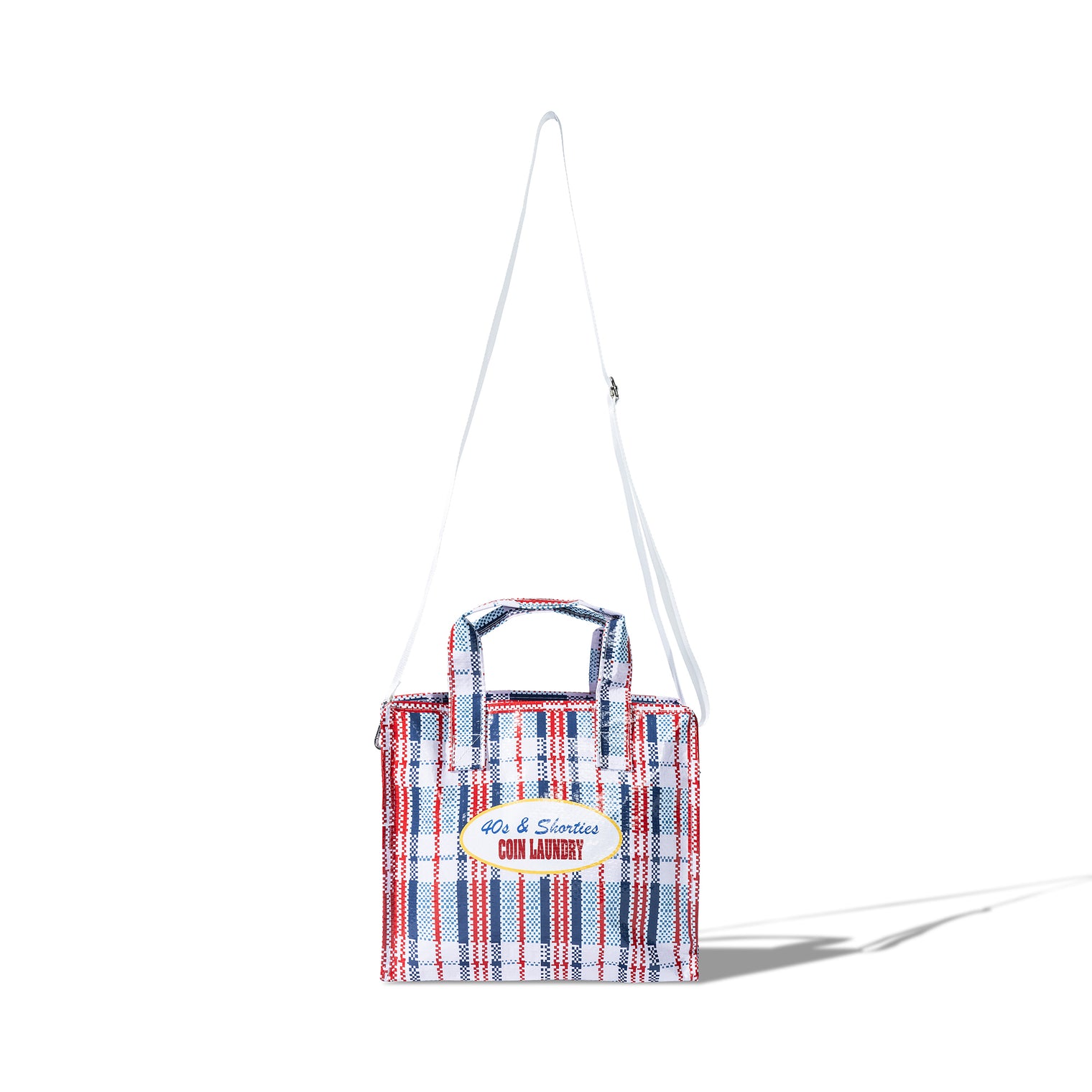 Front view of the Mini Laundry Bag in red, white, and blue plaid with 40s & Shorties Coin Laundry patch