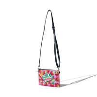 Side angle of 40s & Shorties Gummy Zip Pouch in Pink showing depth and adjustable black shoulder strap