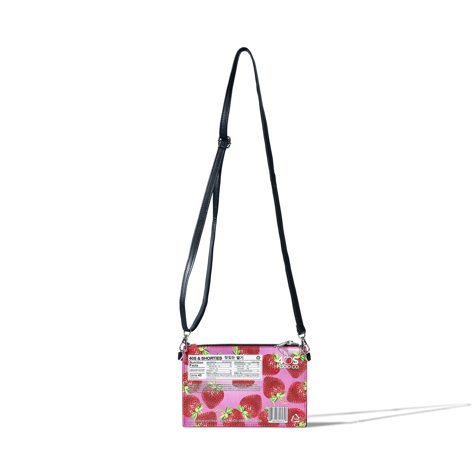 Back of 40s & Shorties Gummy Zip Pouch in Pink featuring faux nutrition label and strawberry print design