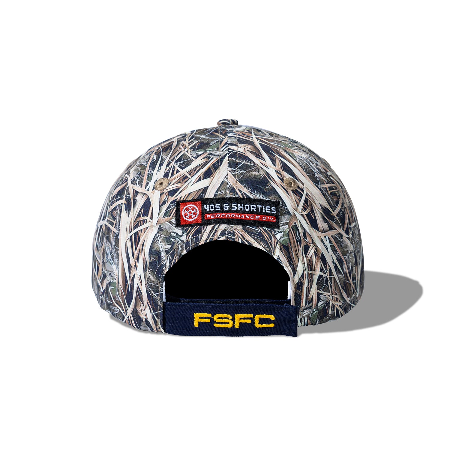 Rear view of the Reed Camo Cap featuring adjustable FSFC strap and woven 40s & Shorties label