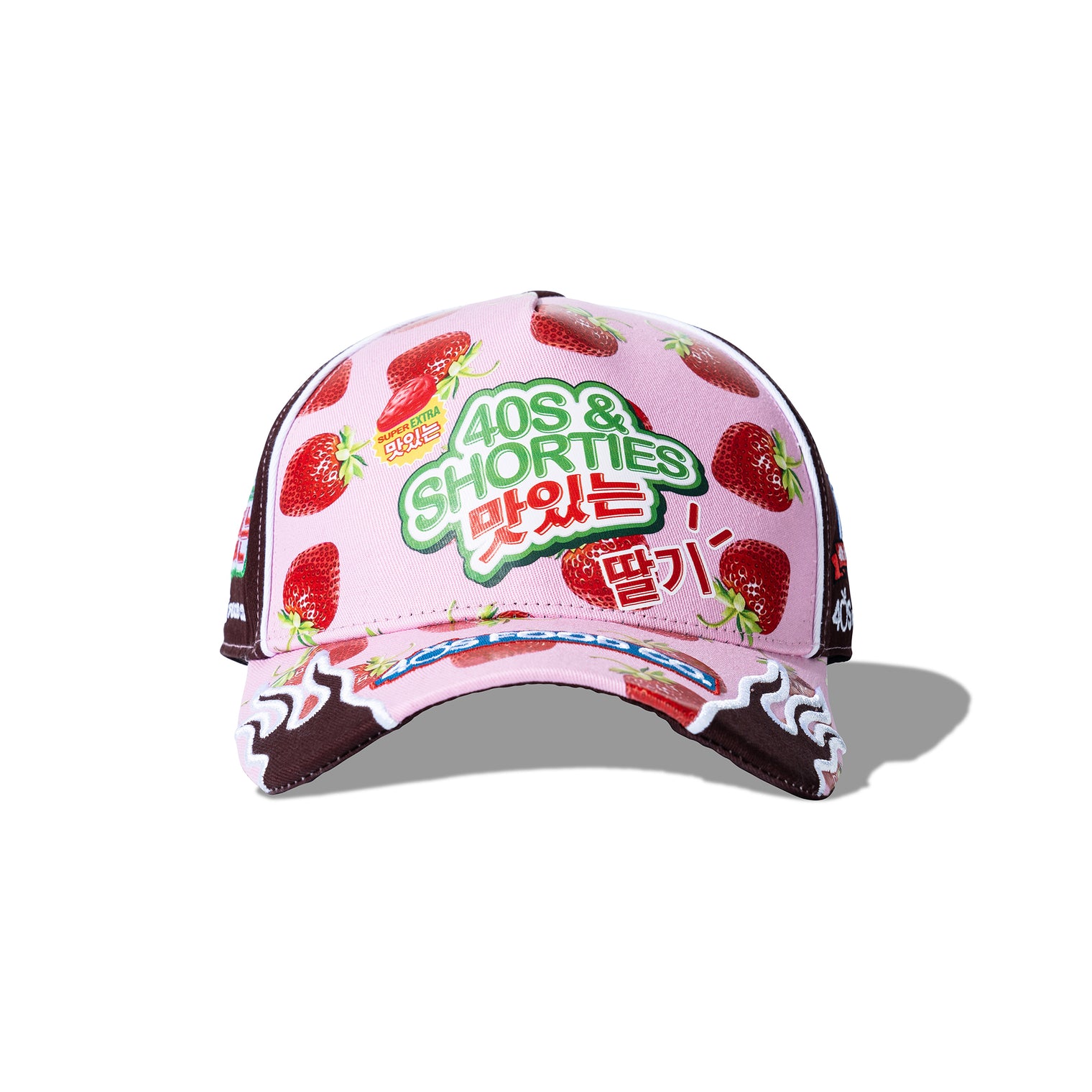Front view of Gummy Race Cap in pink with strawberry print and bold 40s & Shorties Korean-style logo.