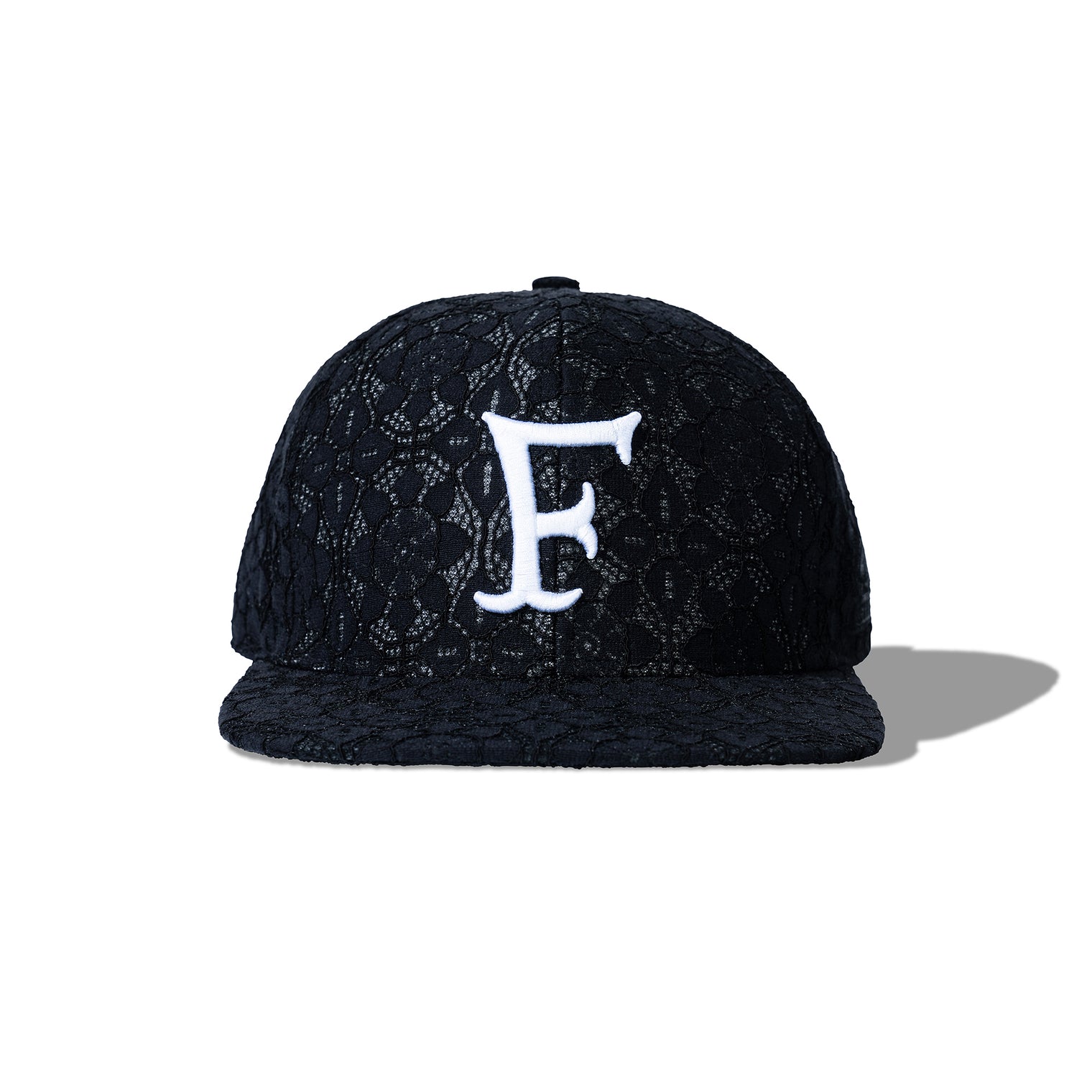 Crochet Snapback Black – front view with large embroidered “F”