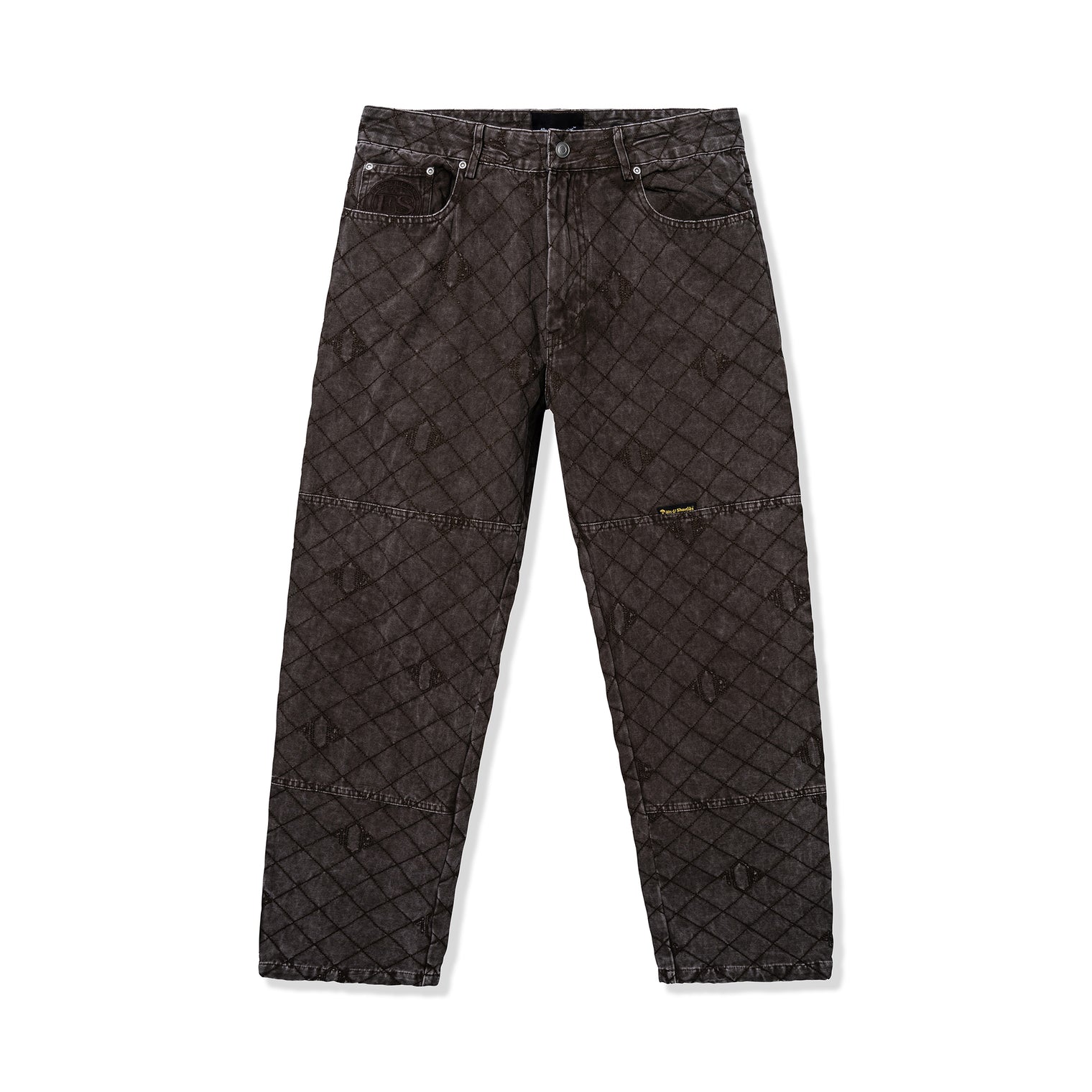 Front view of Foreman Carpenter Pants in Dark Brown with quilted logo pattern