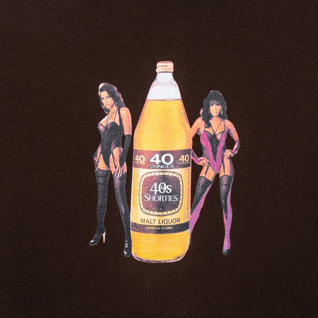 Close-up of the "40s & Shorties" malt liquor bottle graphic flanked by two women in lingerie on a brown hoodie.