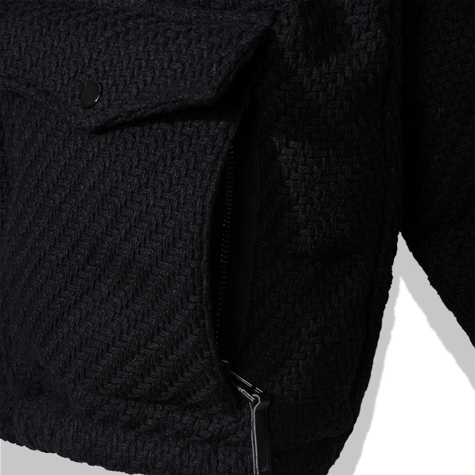 Detail of front pocket with zipper entry beneath flap