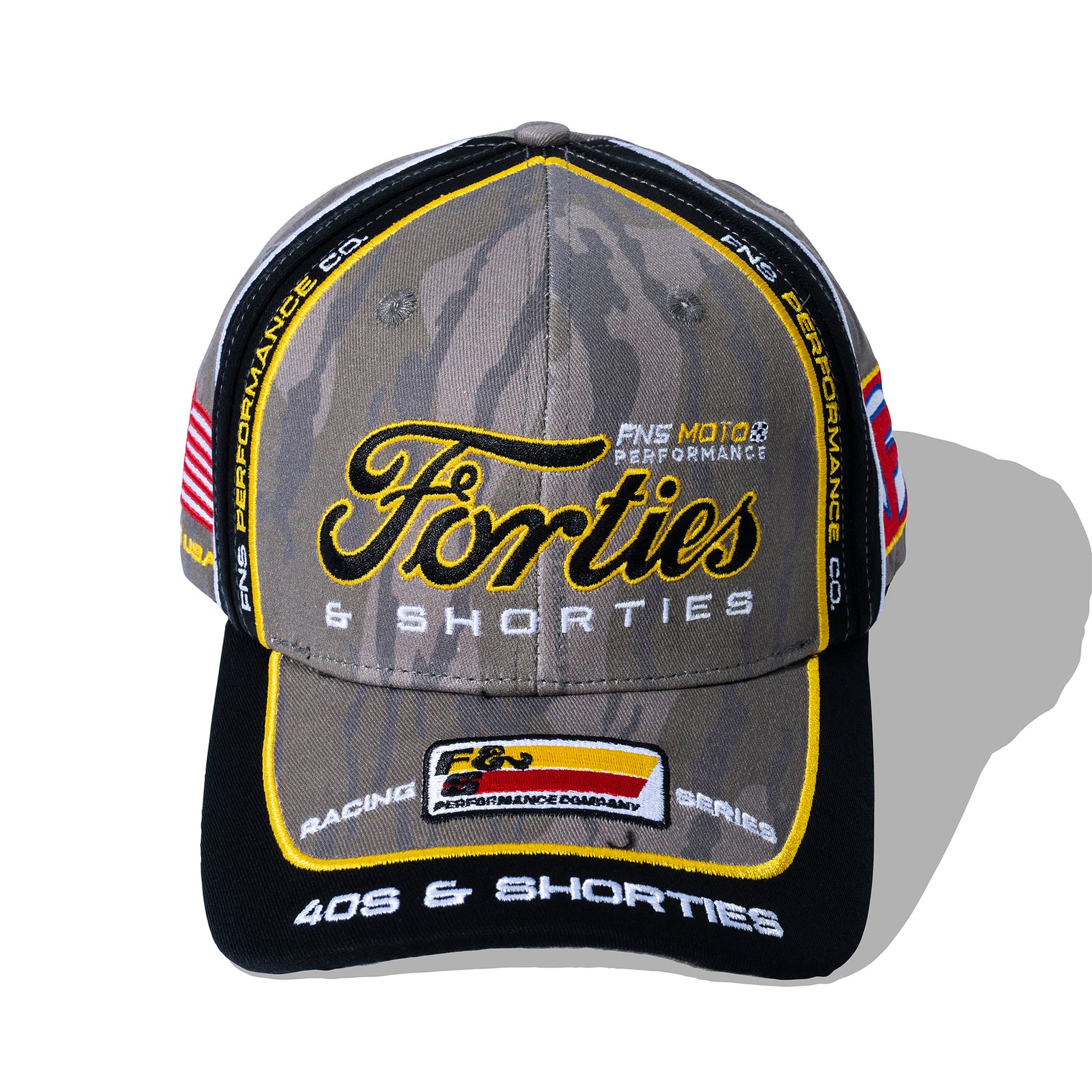 Top view of camo embroidered cap with yellow piping and branded visor