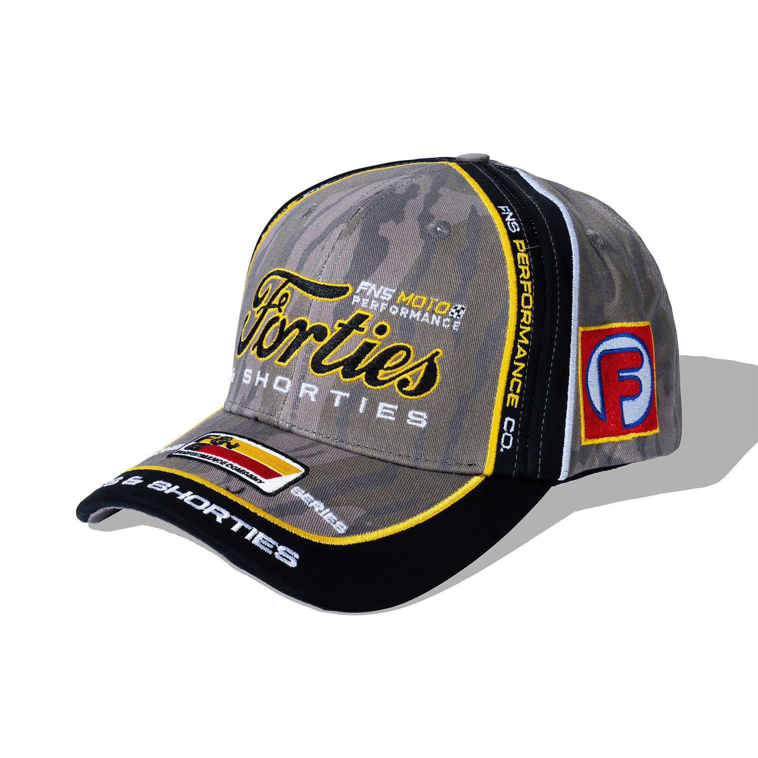 Angled view of racing-inspired 40s & Shorties cap with bold graphics