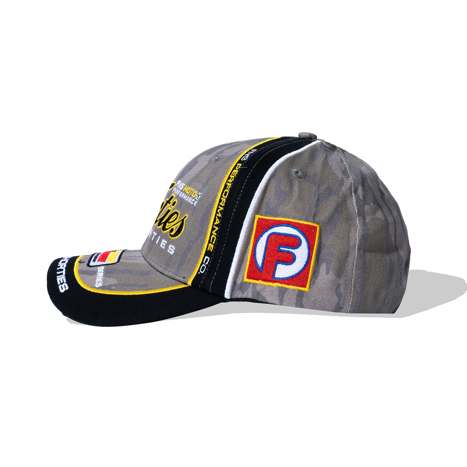 Side embroidery and custom piping detail on the Camo Garage Cap