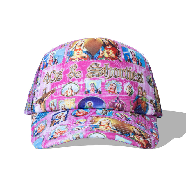 Pink Holyspirit Hat with sublimated religious icons and rhinestone details