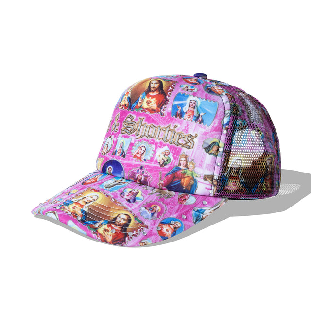 Side view of pink Holyspirit Hat showing icon print and structured shape