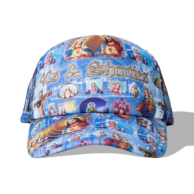 Blue Holyspirit Hat with all-over iconography and rhinestones on brim