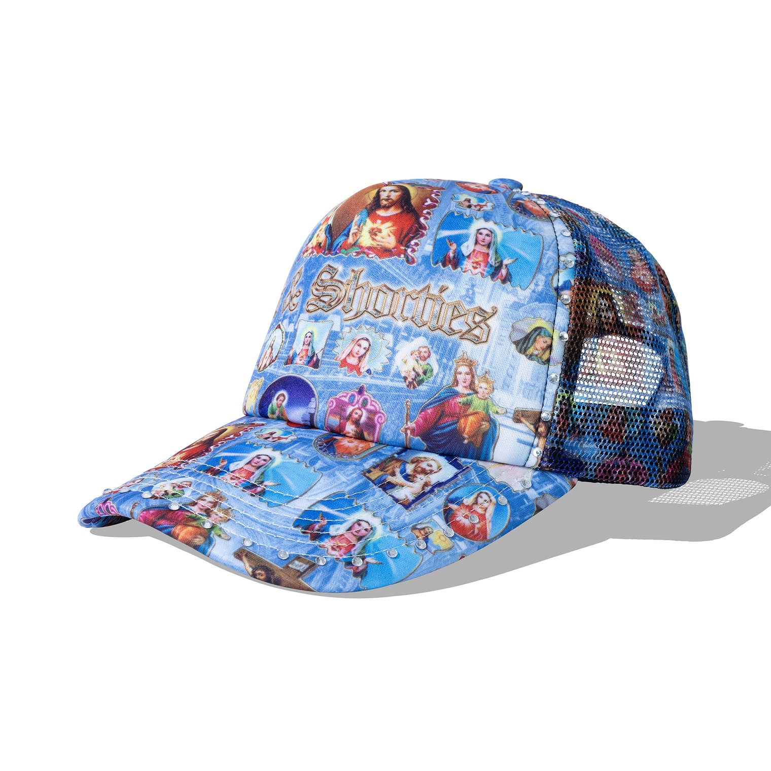 Angled view of blue Holyspirit Hat with mesh panel and snapback