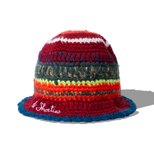 Side angle of Baja Bucket Hat showing custom knit textures and mixed yarn colors