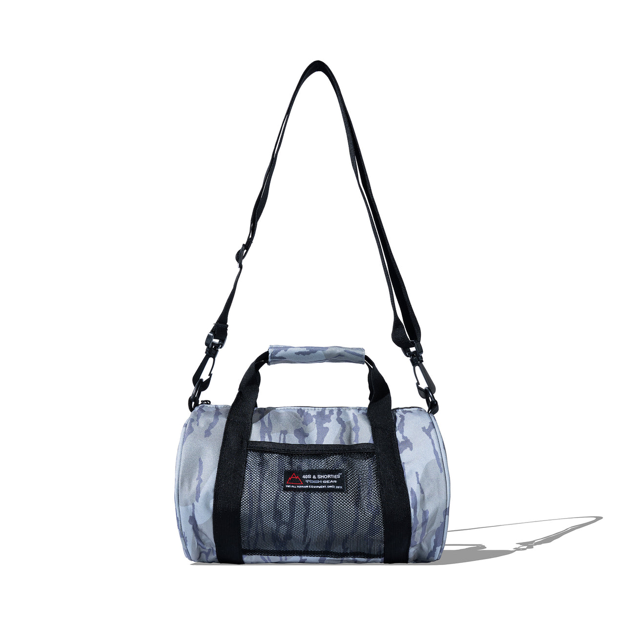 Camo Mini Duffle Bag with adjustable shoulder strap and mesh pocket, full view