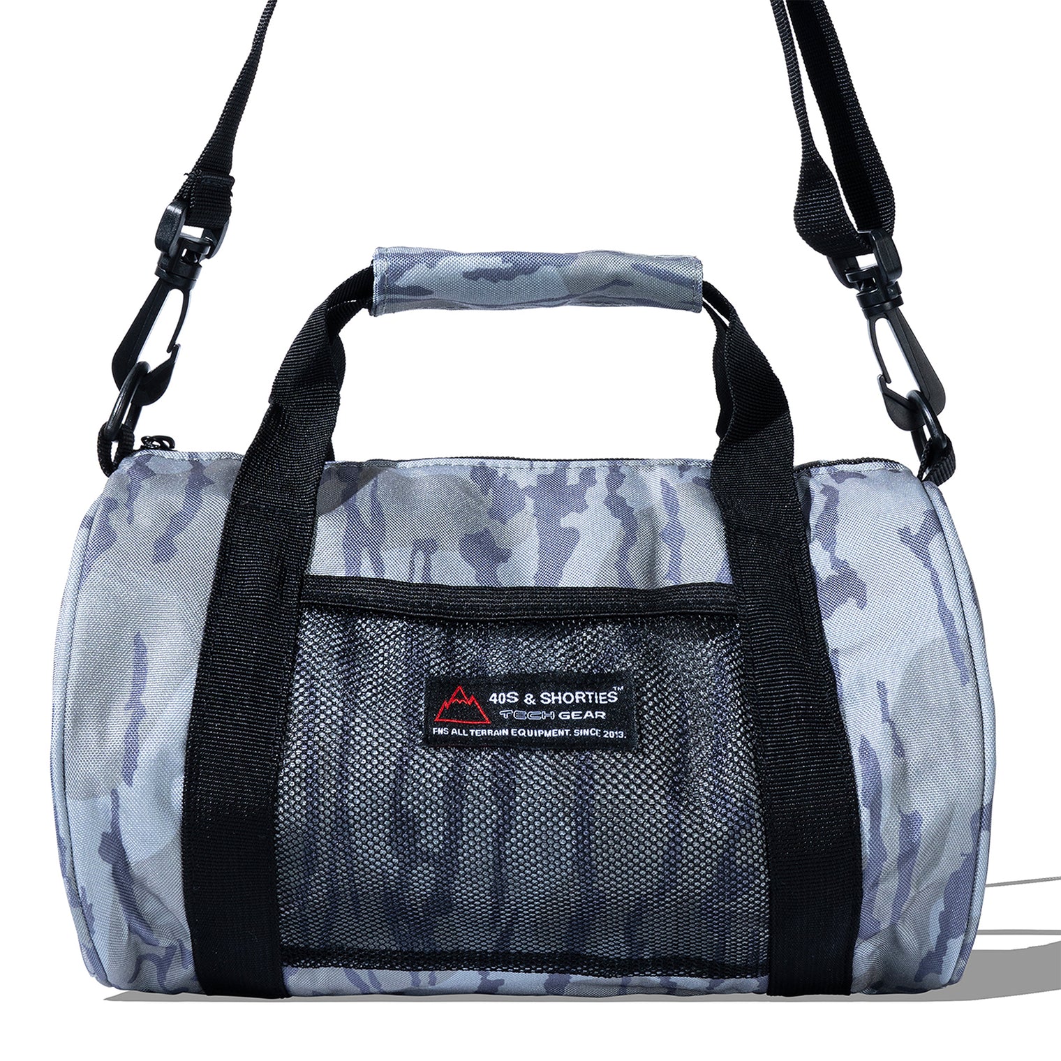 Close-up of Camo Mini Duffle Bag showing mesh pocket and 40s & Shorties branding